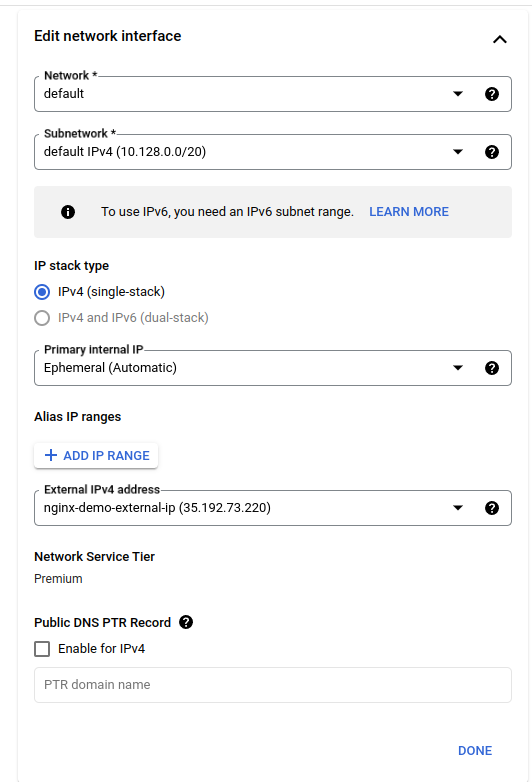 Compute engine instance network interface