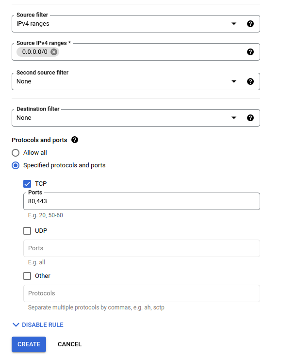 Create a firewall rule step 2